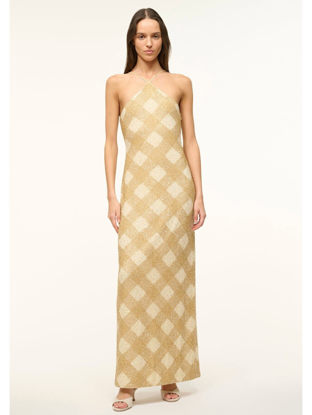 NWT $1,495 STAUD Cubism Beaded Halter Dress Gown Le Sable Large Designer